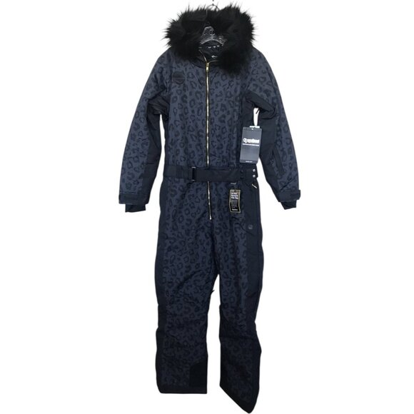 Tipsy Elves Snow Suit Ski Suit Womens Size Medium M Black Leopard Faux Fur Trim